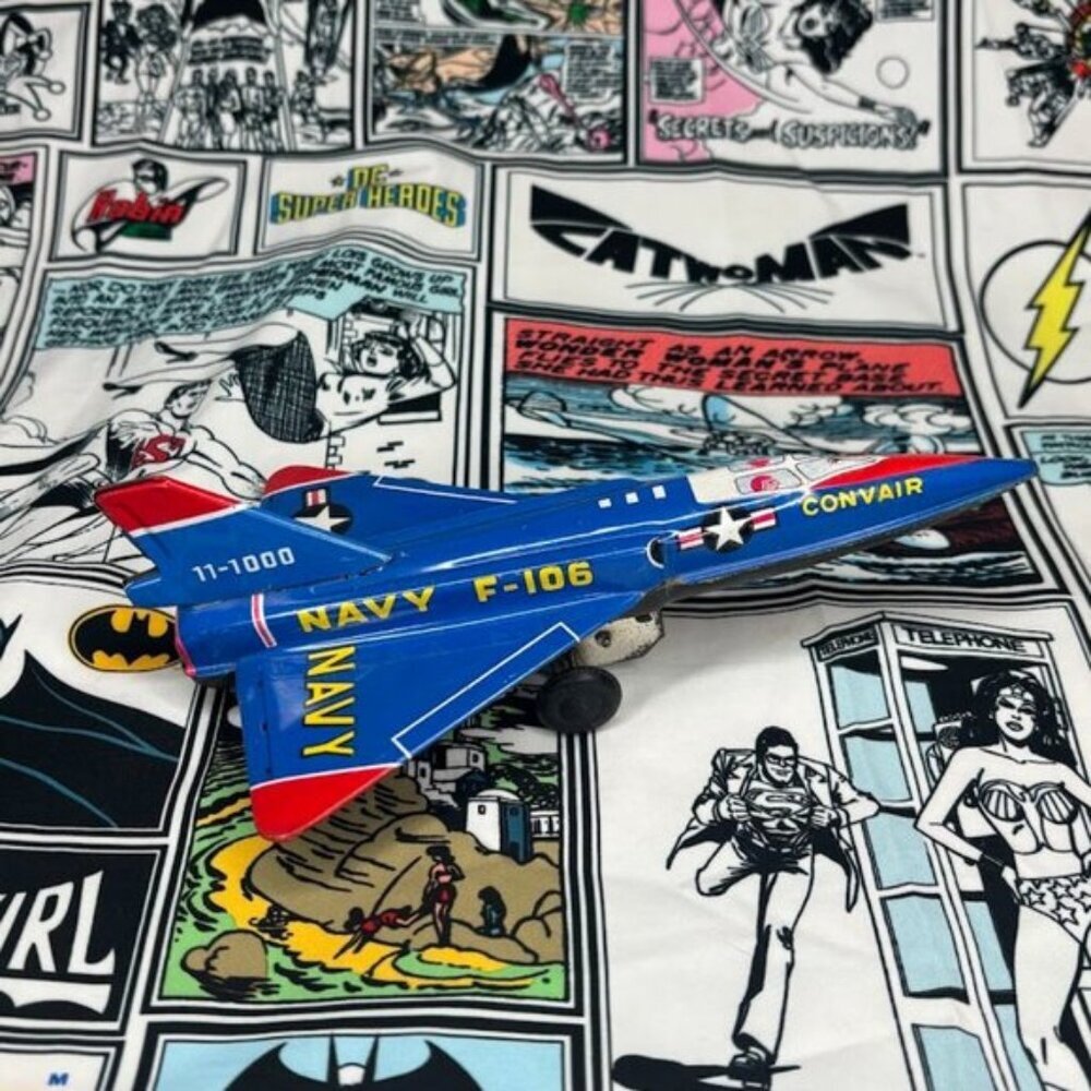 Vintage Friction Navy F-106 Convair Litho Fighter Airplane Tin Toy , Japan